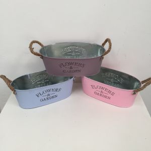 Planter Zinc Oval PINK w rope handle