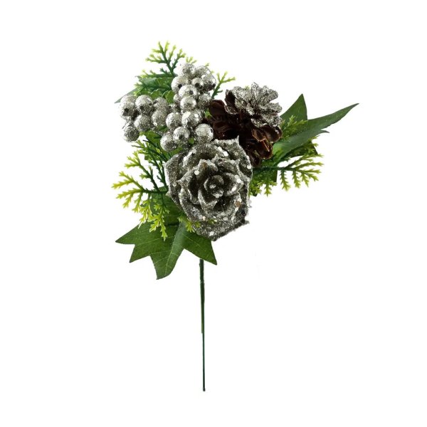 Glitter Berry /Cone with Green Leaf Pick - Silver - 18cm