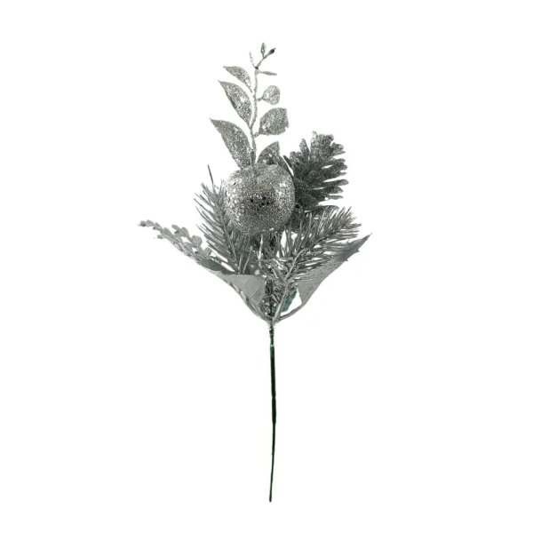 Glitter Apple & Foliage Pick - Silver - 24cm