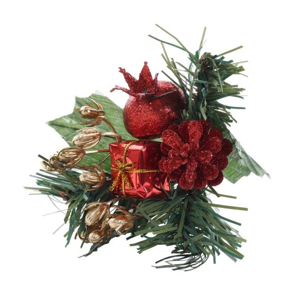 Christmas pick with gold ribbon and red parcel