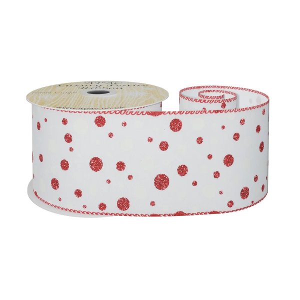 White Ribbon with Red Gliiter & White Dot 63mm x 10y wire edge