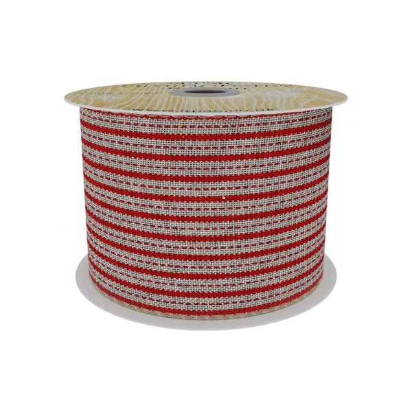 Red and Natural Stripe Stitched Fabric Ribbon 63mm x 10ydRed and Natural Stripe Stitched Fabric Ribbon 63mm x 10yd