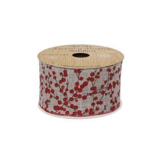 Ribbon - Grey with Glitter Red Berries